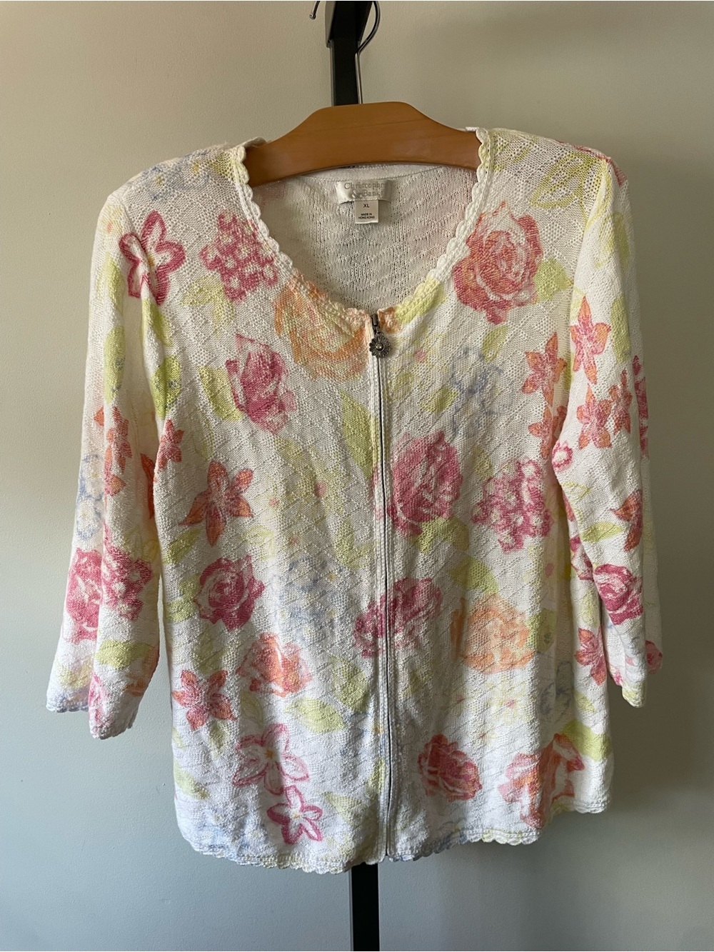 Y2K Vintage Christopher & Banks Floral Knit Cardigan Sweater XL 100% Cotton
